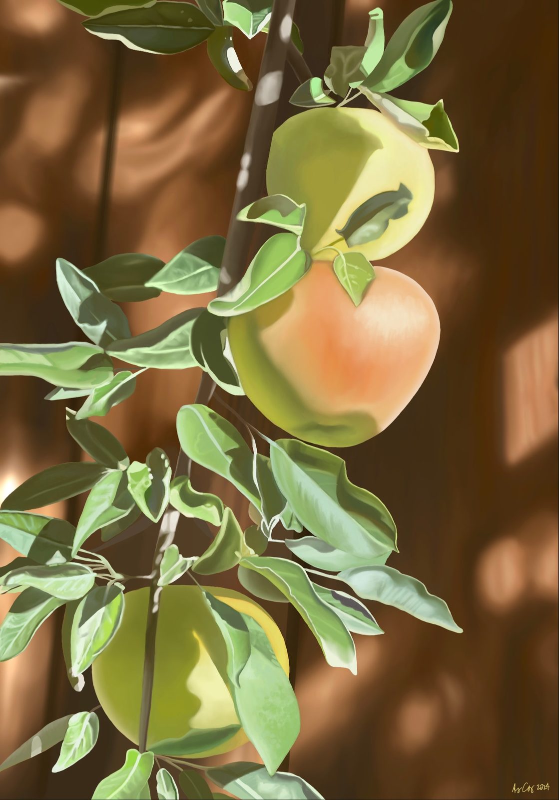 Digital painting of ripe apples and green leaves on a branch with dappled light